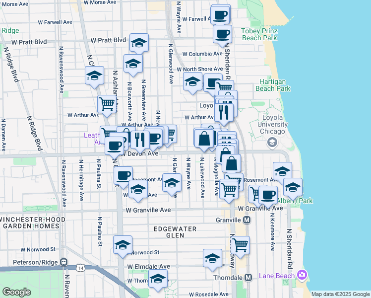 map of restaurants, bars, coffee shops, grocery stores, and more near 1334 West Devon Avenue in Chicago