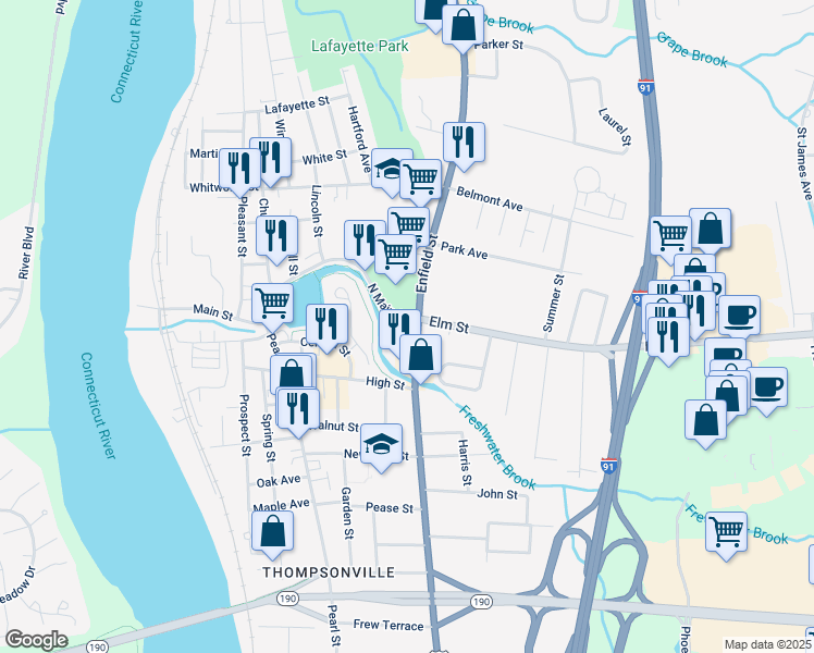 map of restaurants, bars, coffee shops, grocery stores, and more near 156-198 North Main Street in Enfield