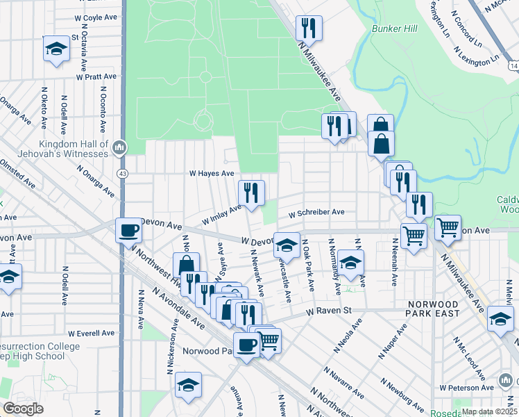 map of restaurants, bars, coffee shops, grocery stores, and more near 6833 West Imlay Street in Chicago