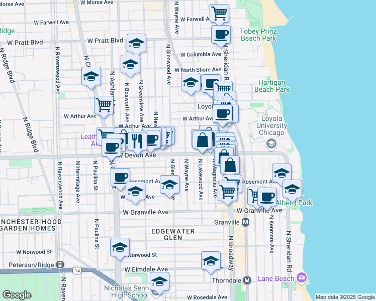 map of restaurants, bars, coffee shops, grocery stores, and more near 1334 West Devon Avenue in Chicago