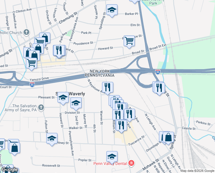 map of restaurants, bars, coffee shops, grocery stores, and more near Wilcox Street in Bradford County