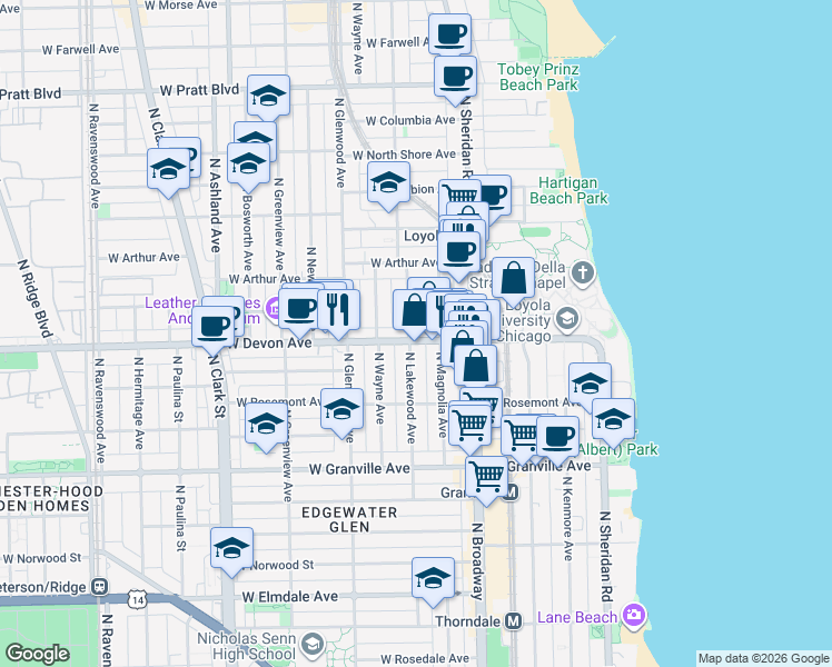 map of restaurants, bars, coffee shops, grocery stores, and more near 6411 North Lakewood Avenue in Chicago