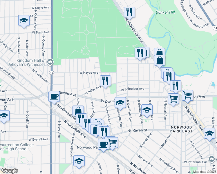 map of restaurants, bars, coffee shops, grocery stores, and more near 6833 West Imlay Avenue in Chicago
