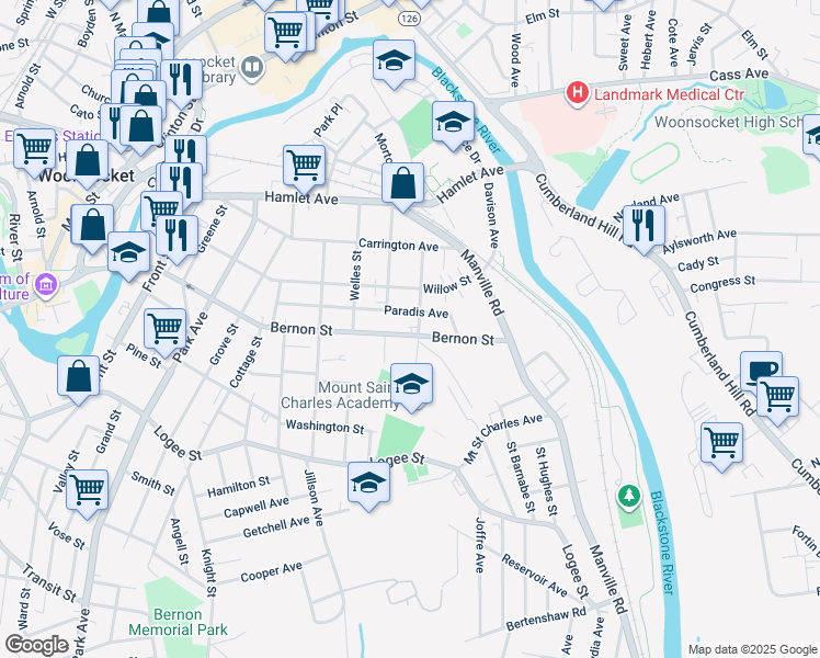 map of restaurants, bars, coffee shops, grocery stores, and more near 165 Roberts Street in Woonsocket