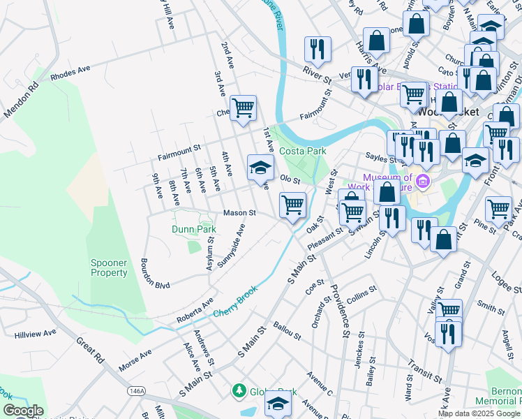 map of restaurants, bars, coffee shops, grocery stores, and more near 40 2nd Avenue in Woonsocket