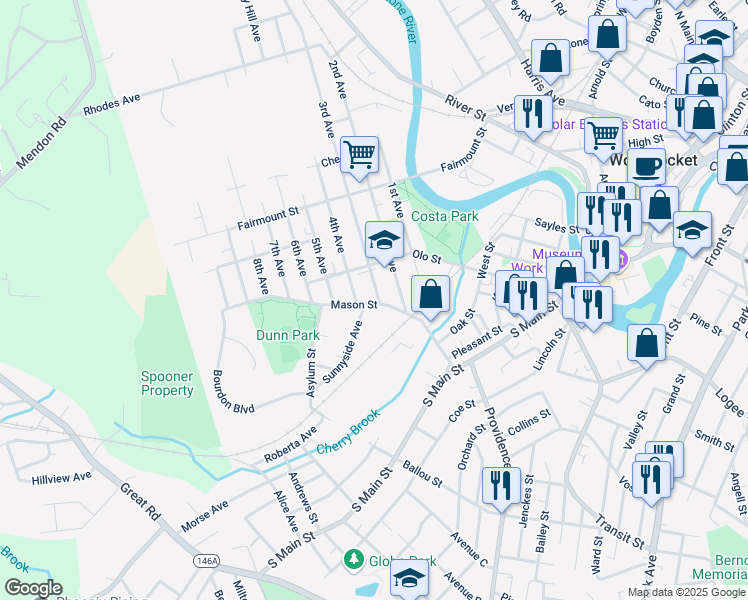 map of restaurants, bars, coffee shops, grocery stores, and more near 287 Mason Street in Woonsocket