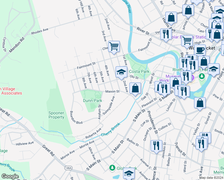 map of restaurants, bars, coffee shops, grocery stores, and more near 287 Mason Street in Woonsocket