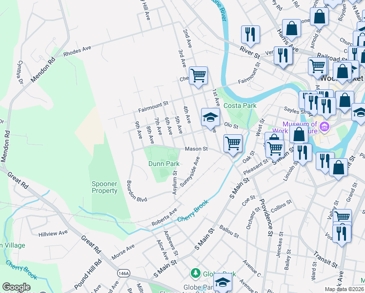map of restaurants, bars, coffee shops, grocery stores, and more near 18 5th Avenue in Woonsocket