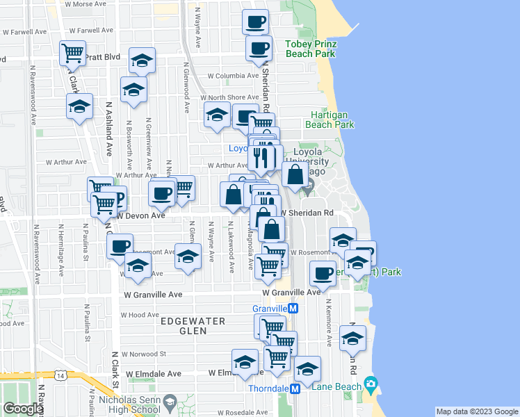 map of restaurants, bars, coffee shops, grocery stores, and more near 6414 North Magnolia Avenue in Chicago