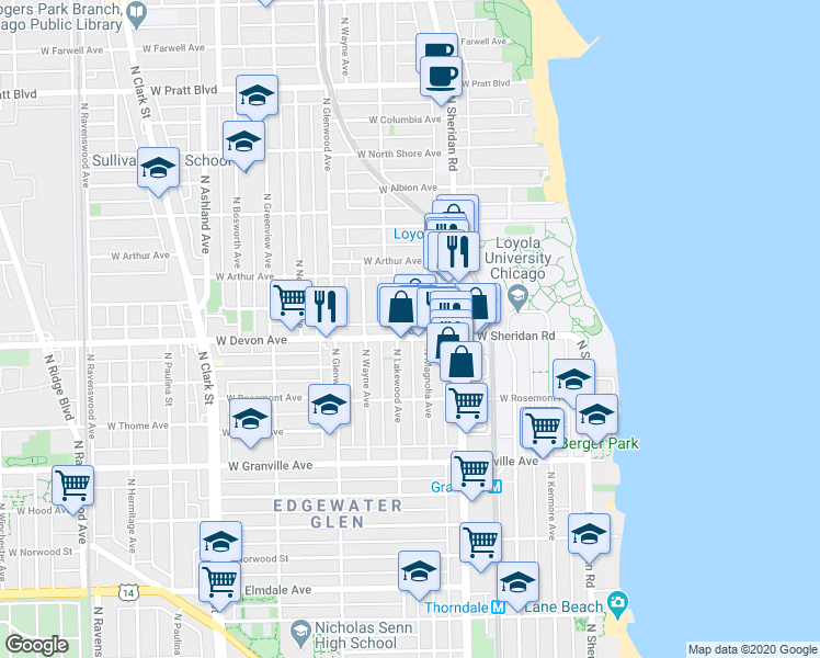 map of restaurants, bars, coffee shops, grocery stores, and more near 6411 North Lakewood Avenue in Chicago