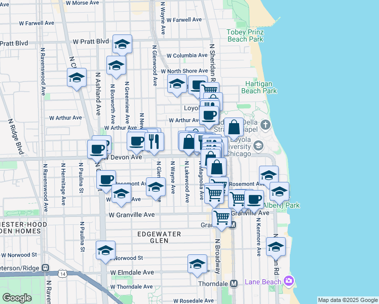 map of restaurants, bars, coffee shops, grocery stores, and more near 6411 North Lakewood Avenue in Chicago
