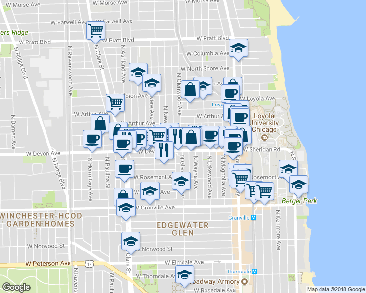 map of restaurants, bars, coffee shops, grocery stores, and more near 6410 North Glenwood Avenue in Chicago