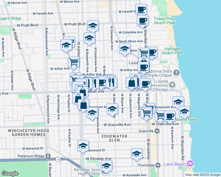 map of restaurants, bars, coffee shops, grocery stores, and more near 6410 North Glenwood Avenue in Chicago