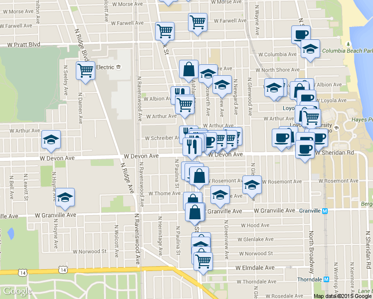 map of restaurants, bars, coffee shops, grocery stores, and more near in Chicago