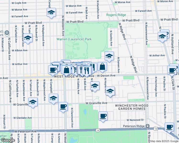 map of restaurants, bars, coffee shops, grocery stores, and more near 6422 North Leavitt Street in Chicago
