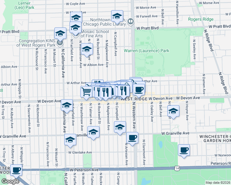 map of restaurants, bars, coffee shops, grocery stores, and more near 6427 North Maplewood Avenue in Chicago