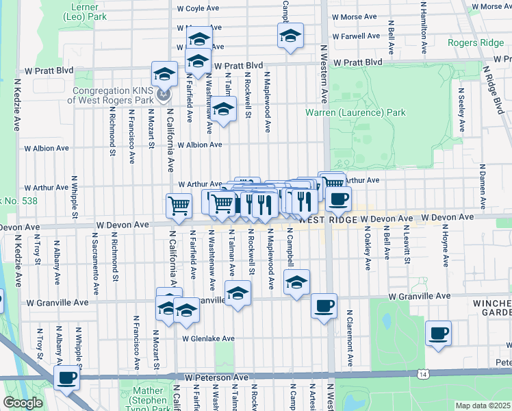 map of restaurants, bars, coffee shops, grocery stores, and more near 6427 North Rockwell Street in Chicago