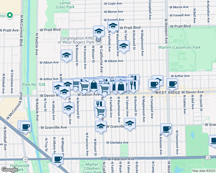 map of restaurants, bars, coffee shops, grocery stores, and more near 6428 North Fairfield Avenue in Chicago
