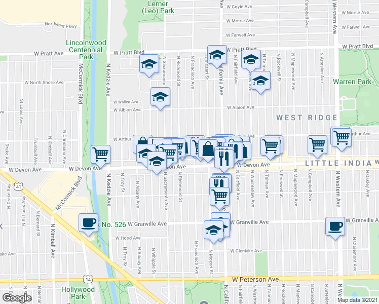 map of restaurants, bars, coffee shops, grocery stores, and more near 6431 North Francisco Avenue in Chicago