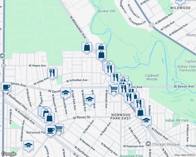 map of restaurants, bars, coffee shops, grocery stores, and more near 6439 North Natoma Avenue in Chicago