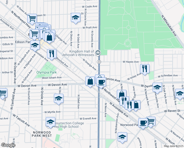 map of restaurants, bars, coffee shops, grocery stores, and more near 6463 North Northwest Highway in Chicago