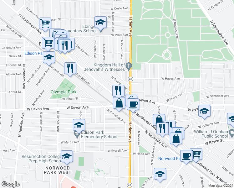 map of restaurants, bars, coffee shops, grocery stores, and more near 6463 North Northwest Highway in Chicago