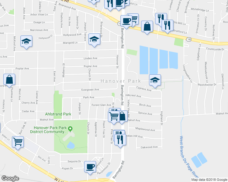 map of restaurants, bars, coffee shops, grocery stores, and more near 1609 Evergreen Avenue in Hanover Park