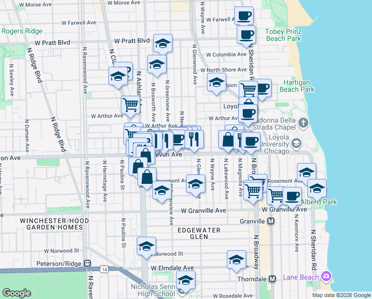 map of restaurants, bars, coffee shops, grocery stores, and more near 6407 North Newgard Avenue in Chicago