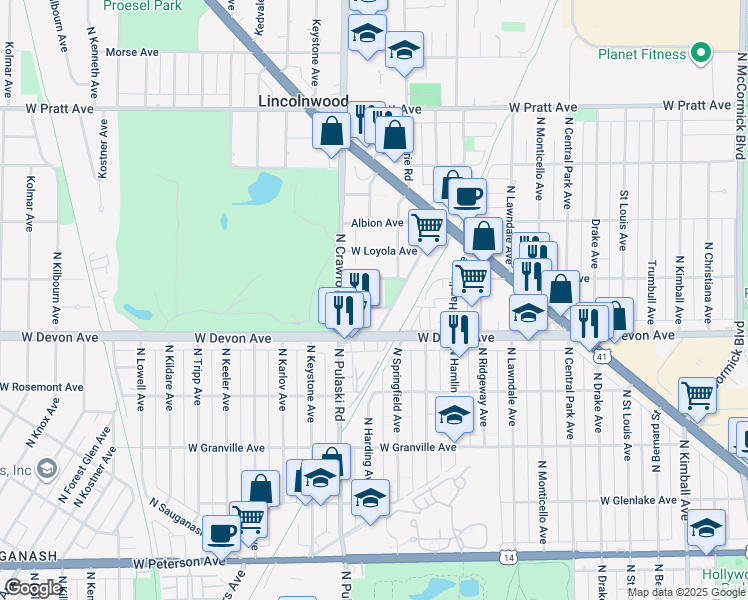 map of restaurants, bars, coffee shops, grocery stores, and more near 6442 North Proesel Avenue in Lincolnwood