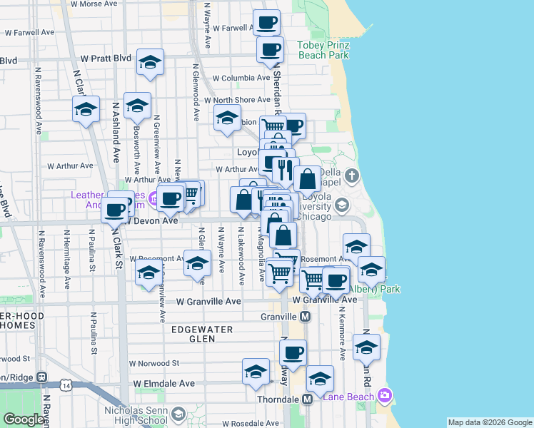 map of restaurants, bars, coffee shops, grocery stores, and more near 6400 North Sheridan Road in Chicago