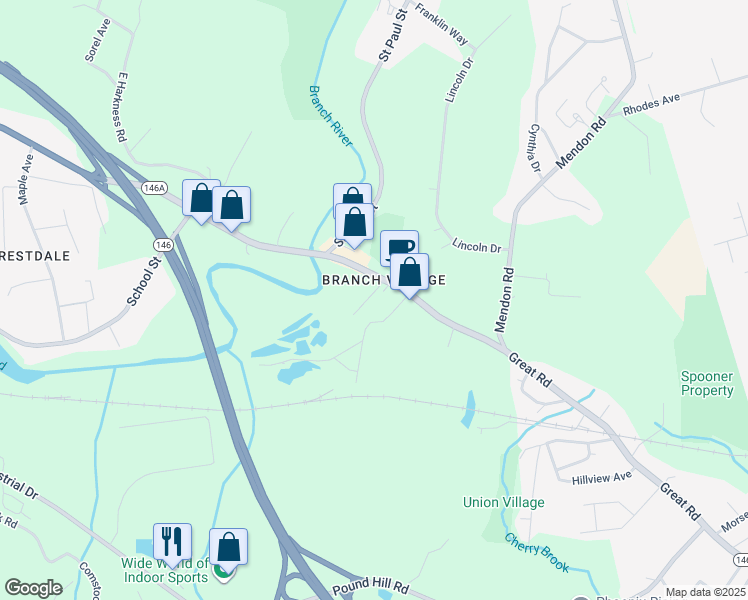 map of restaurants, bars, coffee shops, grocery stores, and more near 10 Branch Avenue in North Smithfield