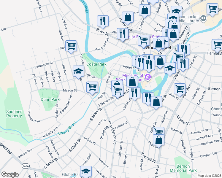 map of restaurants, bars, coffee shops, grocery stores, and more near 5 John Street in Woonsocket
