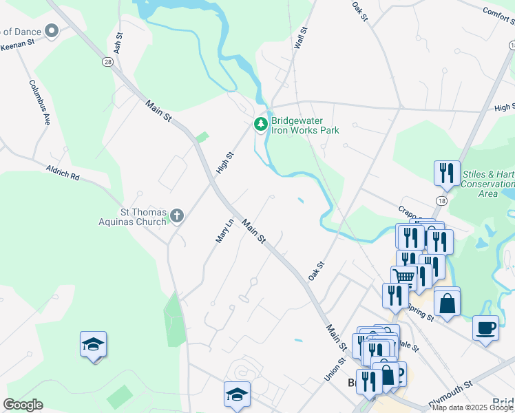 map of restaurants, bars, coffee shops, grocery stores, and more near 32 Miranda Way in Bridgewater
