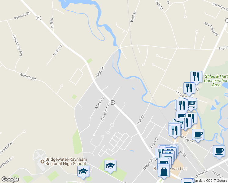 map of restaurants, bars, coffee shops, grocery stores, and more near 32 Miranda Way in Bridgewater