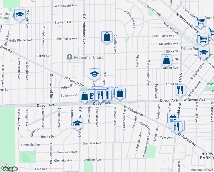 map of restaurants, bars, coffee shops, grocery stores, and more near 1017 South Prospect Avenue in Park Ridge