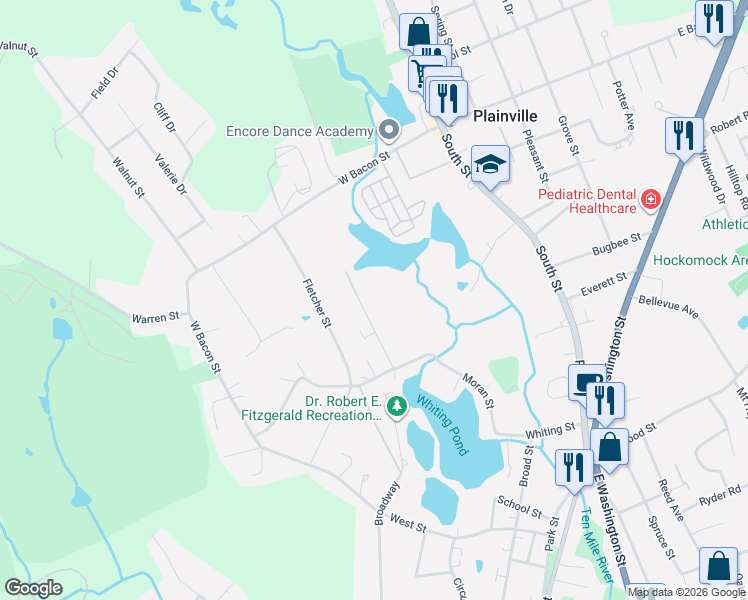 map of restaurants, bars, coffee shops, grocery stores, and more near 15 Sidney Street in Plainville