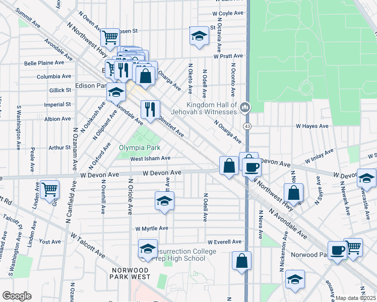 map of restaurants, bars, coffee shops, grocery stores, and more near 6455 North Avondale Avenue in Chicago