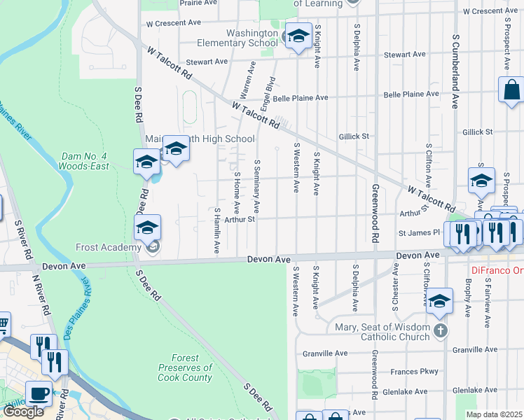 map of restaurants, bars, coffee shops, grocery stores, and more near 1005 South Seminary Avenue in Park Ridge