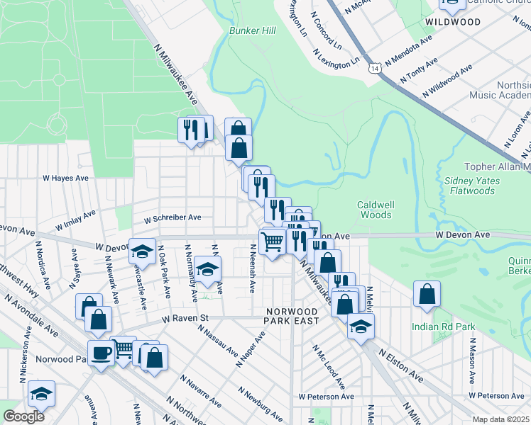 map of restaurants, bars, coffee shops, grocery stores, and more near 6450 North Milwaukee Avenue in Chicago