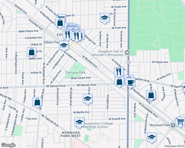 map of restaurants, bars, coffee shops, grocery stores, and more near 6459 North Oketo Avenue in Chicago