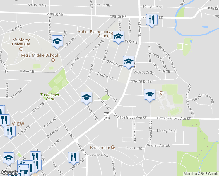 map of restaurants, bars, coffee shops, grocery stores, and more near 2201 B Avenue Northeast in Cedar Rapids