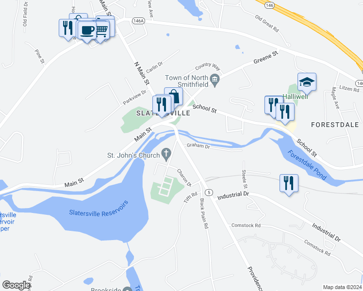 map of restaurants, bars, coffee shops, grocery stores, and more near 17 Railroad Street in North Smithfield
