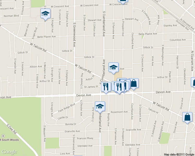 map of restaurants, bars, coffee shops, grocery stores, and more near 911 West Talcott Road in Park Ridge