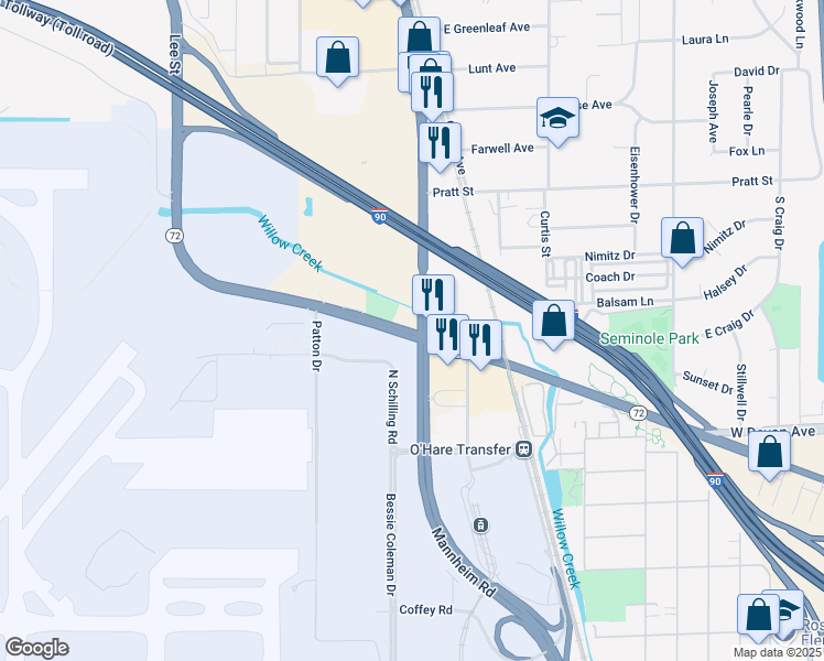 map of restaurants, bars, coffee shops, grocery stores, and more near 10300 West Higgins Road in Rosemont