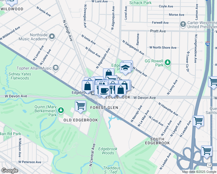 map of restaurants, bars, coffee shops, grocery stores, and more near 6434 North Central Avenue in Chicago