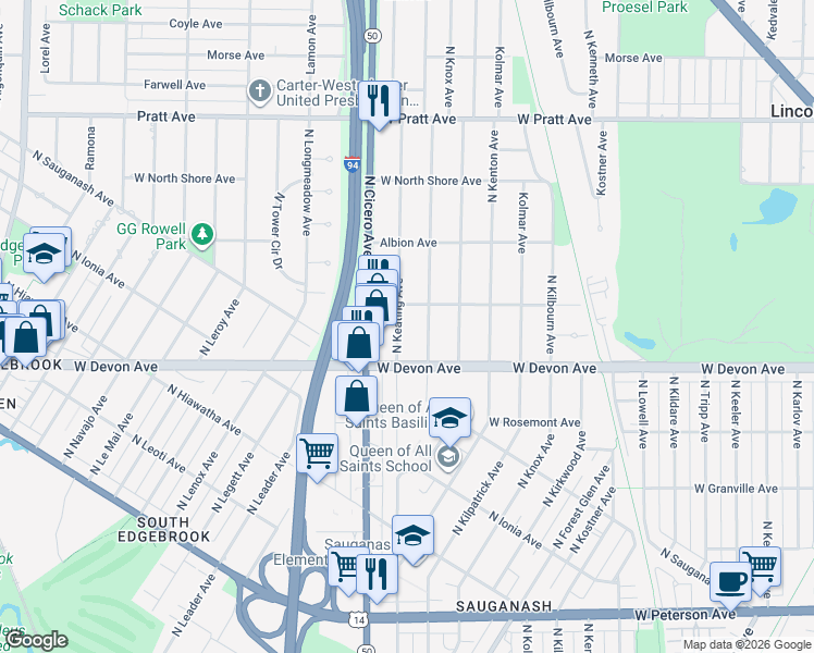 map of restaurants, bars, coffee shops, grocery stores, and more near 6437 North Keating Avenue in Lincolnwood