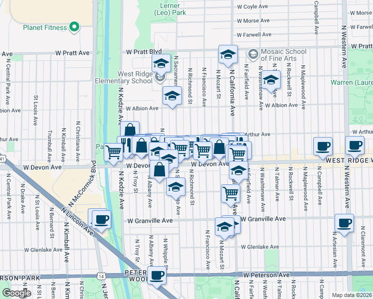 map of restaurants, bars, coffee shops, grocery stores, and more near 6434 North Richmond Street in Chicago