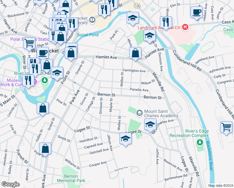 map of restaurants, bars, coffee shops, grocery stores, and more near 656 Bernon St in Woonsocket