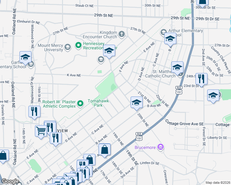 map of restaurants, bars, coffee shops, grocery stores, and more near 524 Gwendolyn Drive Northeast in Cedar Rapids