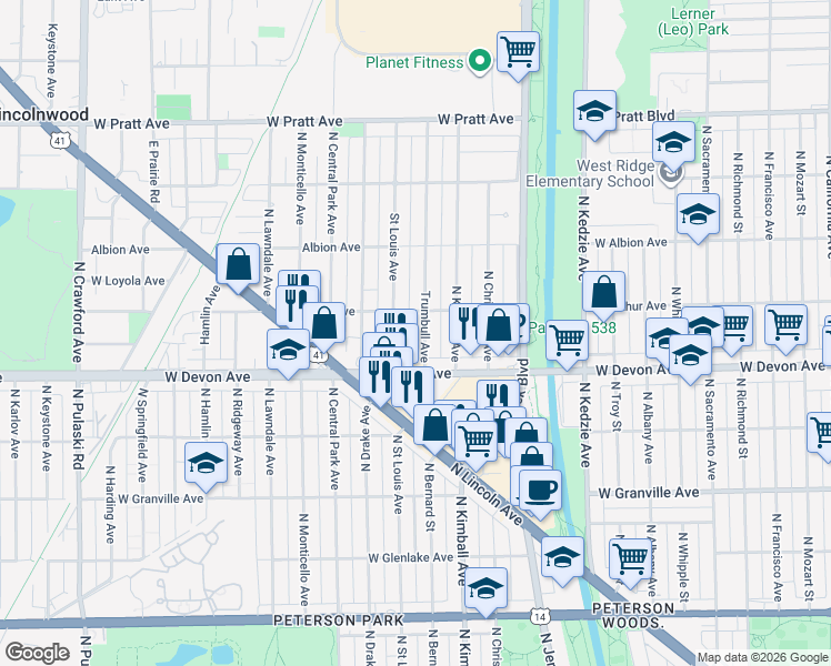 map of restaurants, bars, coffee shops, grocery stores, and more near 6438 Trumbull Avenue in Lincolnwood